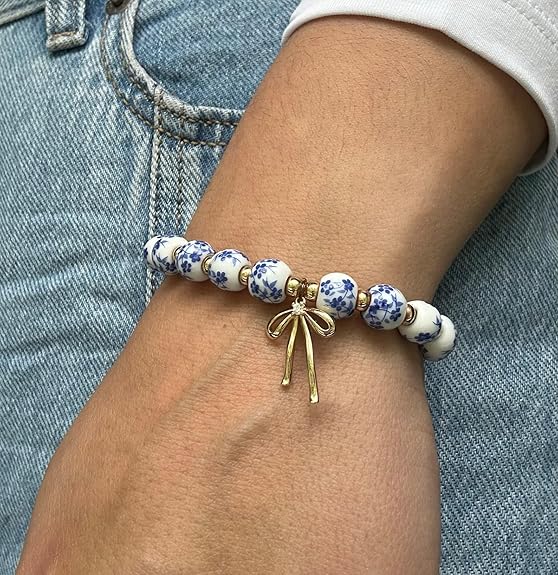 Beads Bow Charm Bracelet for Women Flower Vintage Bracelet Handmade Stretch Beaded Dainty Romantic Jewelry Gifts
